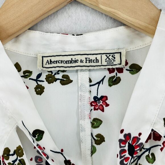 ABERCROMBIE & FITCH Top XS Floral Poplin Tie Neck Blouse Roll Tab Sleeve White - Picture 12 of 16